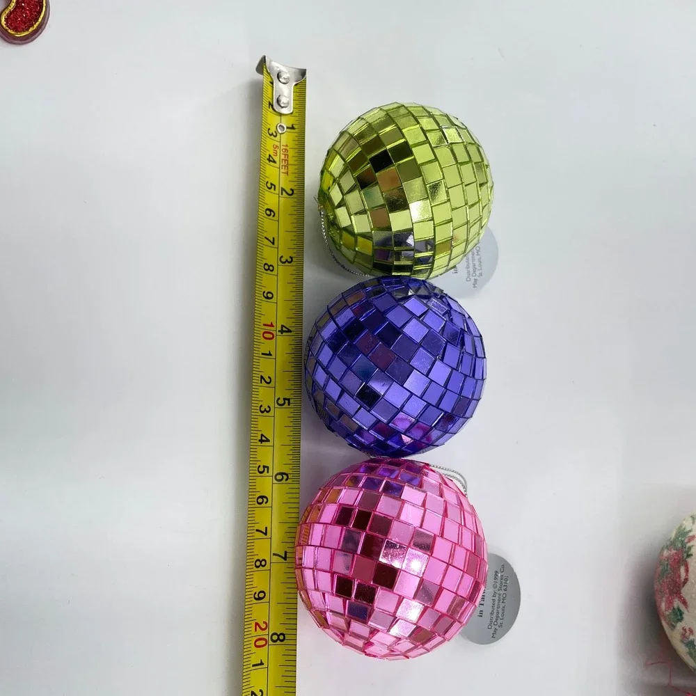 Vintage Christmas Ornament Lot 7pc Disco Balls Poinsettia Victorian Santa Bell